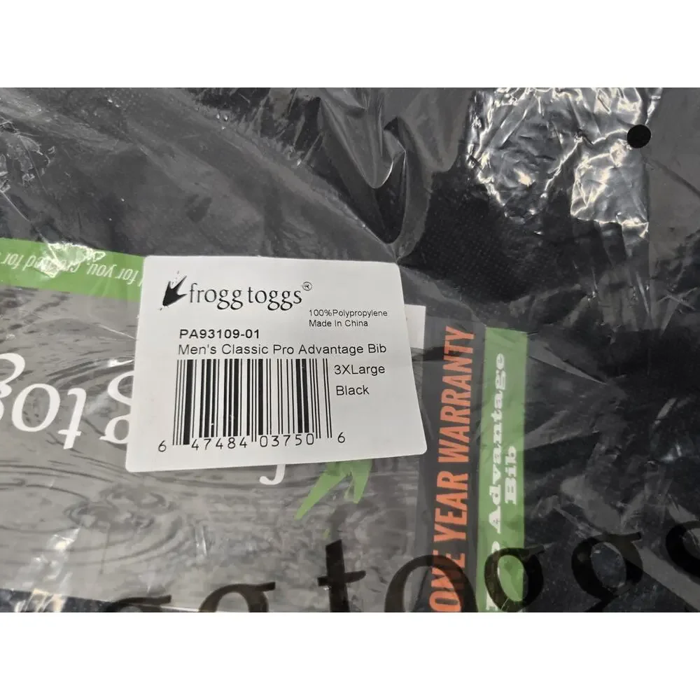 Frogg Toggs 3xl Men's Classic Pro Advantage Bibs Black PA93109-01 New N Package
